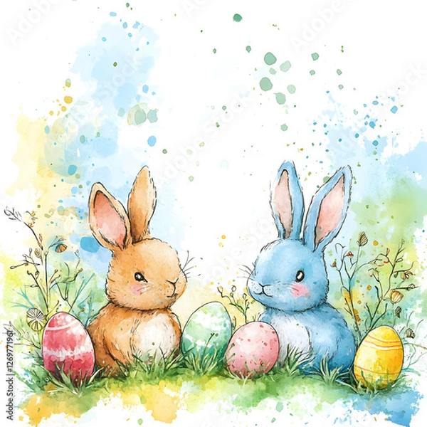 Fototapeta Cute watercolor clipart of two bunnies sitting on the grass with Easter eggs around, in pastel colors, with no background and a white outline. Isolated on a clean background.