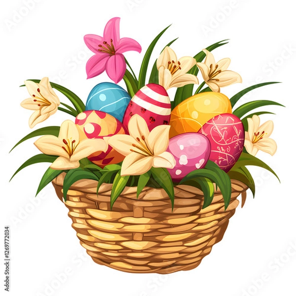 Obraz Easter clipart busket with eggs and lilies flat simple low detailed isolated on white background.