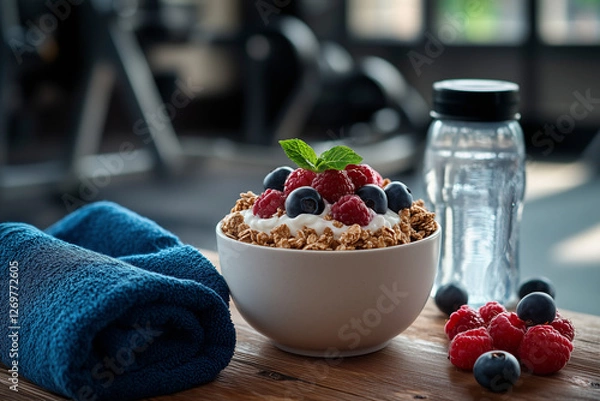 Fototapeta Healthy Post-Workout Breakfast with Yogurt & Berries
