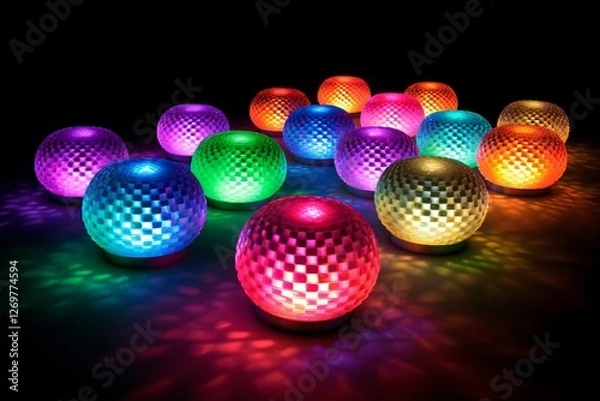 Obraz Colorful LED Sphere Lights: A captivating collection of vibrant, multicolored LED sphere lights illuminate the darkness, casting enchanting glows and creating a magical ambiance.