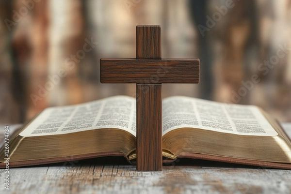 Fototapeta Open Bible with wooden cross emphasizing Christian faith and scripture study