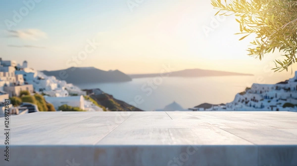 Fototapeta Empty copy space wooden minimalist table for product placement overlooking a beautiful greek island in the background