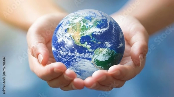 Fototapeta a man in hazmat clothing holding a globe with two green gas masks on 