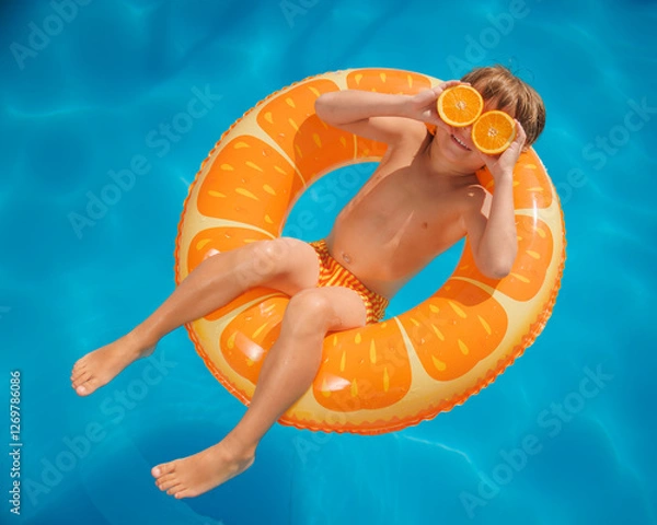 Fototapeta Happy child on an inflatable ring holds orange halves like sunglasses. Funny kid is relaxing in the swimming pool on summer vacation