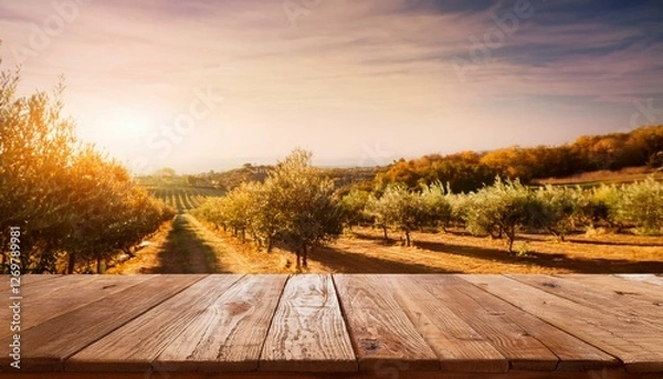 Obraz view over wooden table in olive autumn vineyard