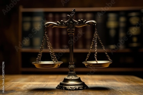 Obraz Golden scale symbolizing justice weighed against artificial intelligence concepts. Generative AI