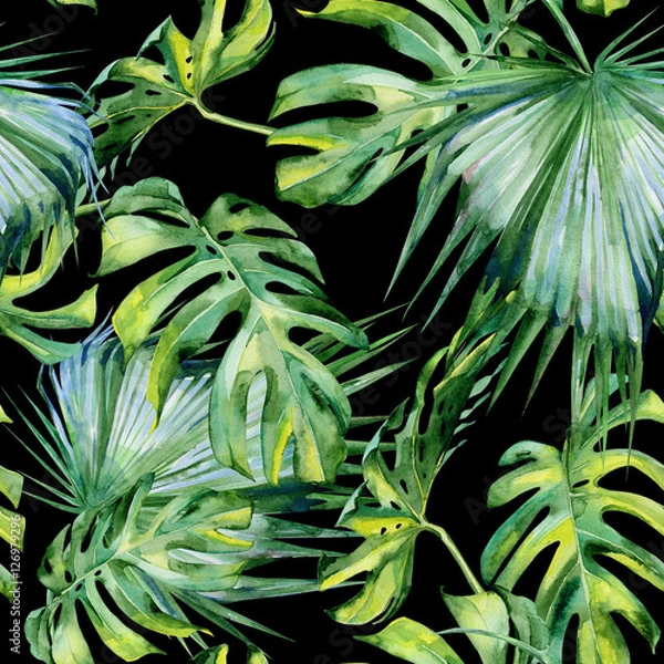 Fototapeta Seamless watercolor illustration of tropical leaves, dense jungle. Hand painted. Banner with tropic summertime motif may be used as background texture, wrapping paper, textile or wallpaper design.