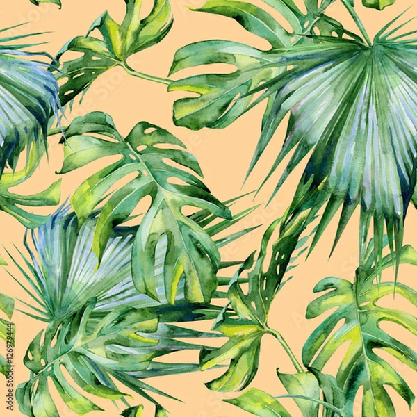 Obraz Seamless watercolor illustration of tropical leaves, dense jungle. Hand painted. Banner with tropic summertime motif may be used as background texture, wrapping paper, textile or wallpaper design.