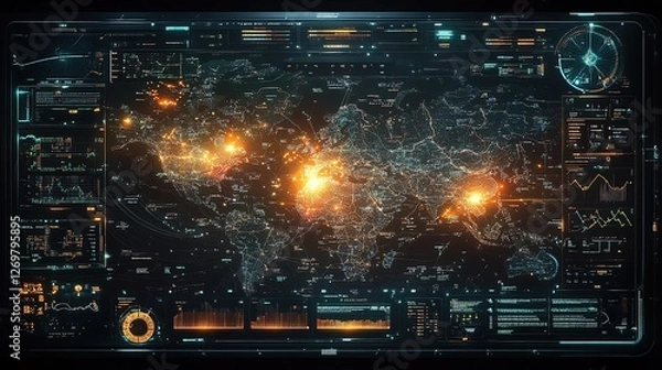 Fototapeta A futuristic map interface glowing with travel speed analytics, sharp and technological 