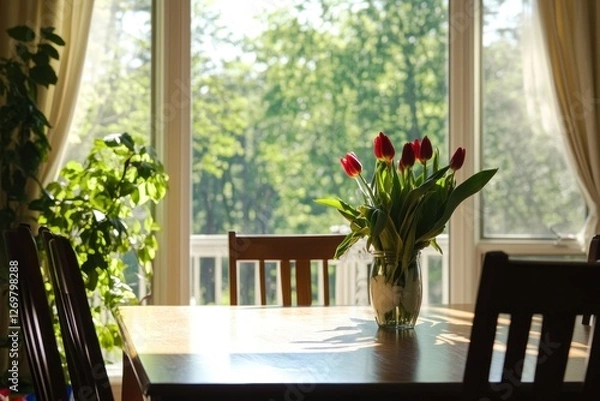 Obraz Beautiful red tulips in a vase rest on a wooden table, glowing in warm sunlight by a large window surrounded by greenery