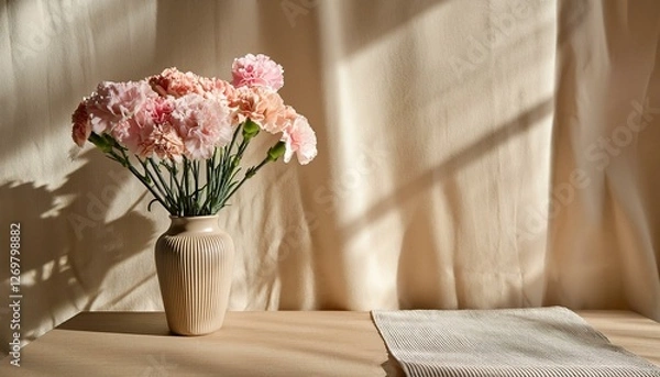 Obraz carnation flowers bouquet in vase on neutral beige empty wall and linen curtain with aesthetic floral sunlight shadow background spring or summer home interior decor