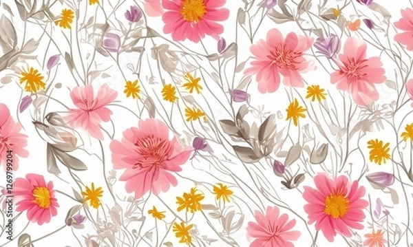 Fototapeta Spring soft flower pattern, soft red, yellow, pink color floral texture background. Pastel colored floral seamless pattern for background, fabric, textile, wallpaper, wedding, banner, decoration.
