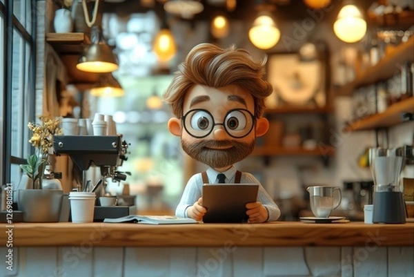 Fototapeta Character in a cozy cafe reading on a tablet while enjoying a warm beverage during a sunny afternoon