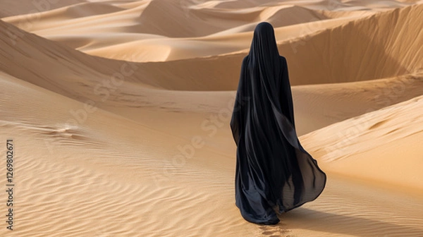 Fototapeta A full-body view of a slender Arabian woman walking through desert sand dunes at sunset, symbolizing strength, freedom, and serenity in a modern desert landscape.

