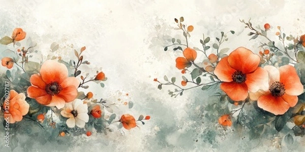 Obraz A painting of a bouquet of flowers with a blue background. The flowers are orange and white, and the background is a light blue. The painting has a serene and calming mood