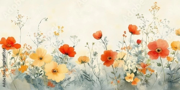 Obraz Whimsical watercolor flowers in soft hues for elegant greeting card designs.