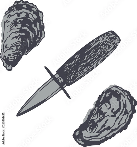 Obraz Vector Illustration of Oysters and Shucking Knife. A high-quality vector illustration featuring two oysters and an oyster shucking knife in a detailed, hand-drawn style.