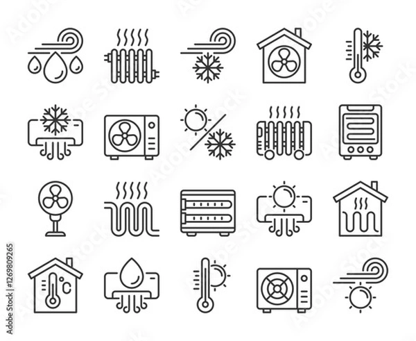 Obraz Climate control icons. Air Conditioning and climate control line icon set. Editable Stroke.