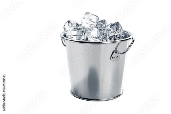Obraz A shiny metal bucket filled with clear, sparkling ice cubes on a bright, minimalistic surface isolated on transparent background