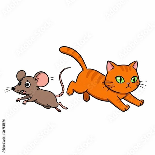 Obraz Playful cat chasing a mouse illustration.