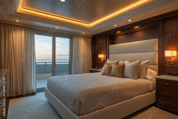 Fototapeta lavish master bedroom in a luxury high-rise, an oversized king bed with silk bedding and designer pillows, elegant mood lighting accentuating the dark wood paneling