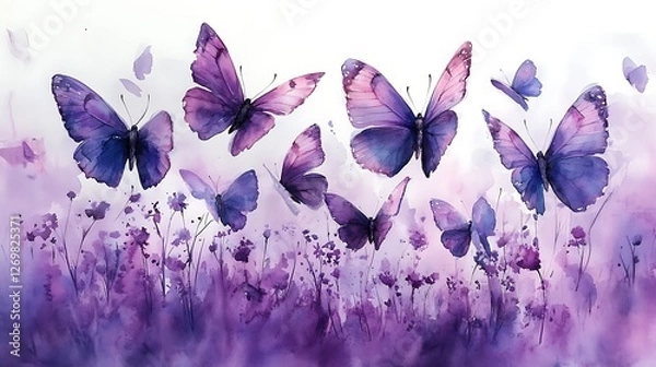 Obraz Dynamic motion of watercolor butterflies soaring above a calm purple nature scene