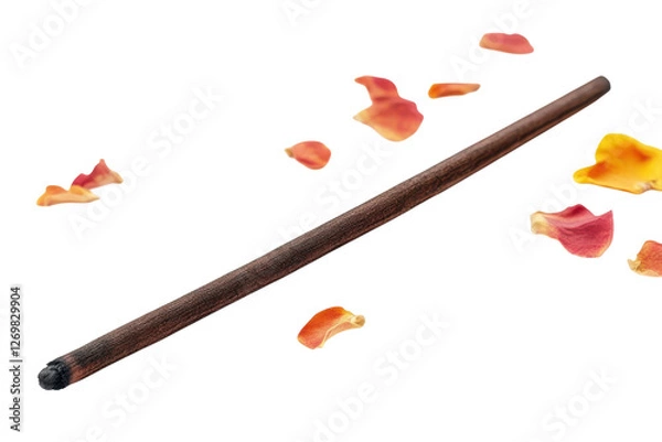 Fototapeta A slender incense stick rests elegantly on a white background surrounded by colorful rose petals isolated on transparent background
