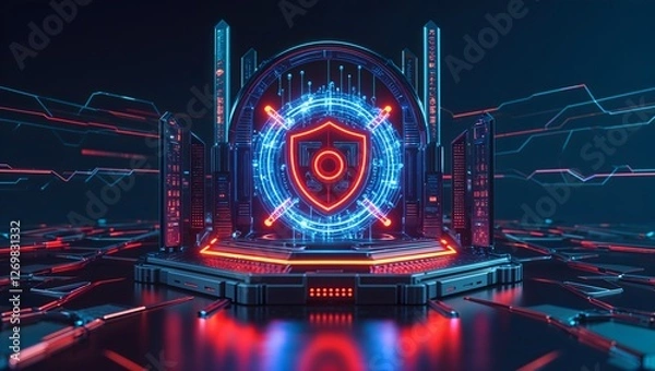 Fototapeta Neon-Lit Cybersecurity Infrastructure - IT Security AI