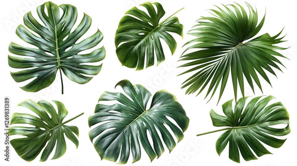Fototapeta Tropical Leaves Collection Lush Monstera and Palm, Fresh Botanical Decor for Nature Themes, isolated on transparent background.