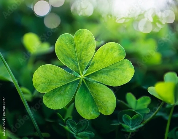 Fototapeta vibrant green cloverleaf design featuring four heart shaped leaves symbolizing luck and positivity this modern captures fresh and cheerful essence