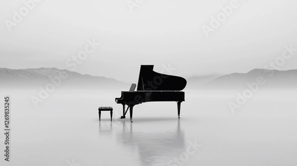 Obraz Grand piano alone in foggy mountainscape.