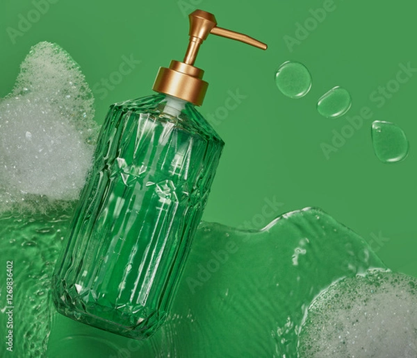 Fototapeta Hand and face soap in a glass dispenser with some bubbles and water around it.