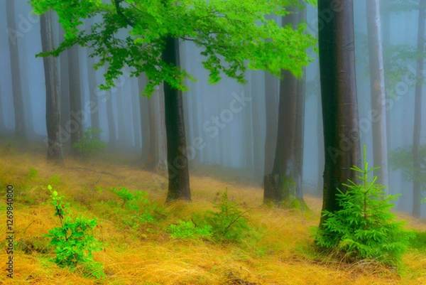 Fototapeta Summer forest with fog in the background
