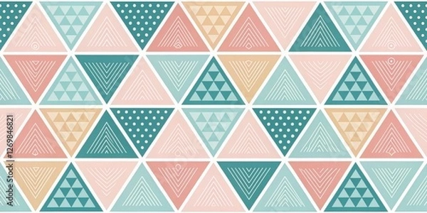 Fototapeta Seamless Geometric Pattern With Pastel Triangles. Ideal For Fabric, Wallpaper, Phone Cases, Stationery, And Interior Design. Modern And Stylish Abstract Design For Various Creative Applications...