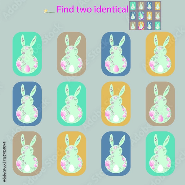 Fototapeta in the Funny rabbits on the grass puzzle for children up to 6 years old, find 2 identical pictures