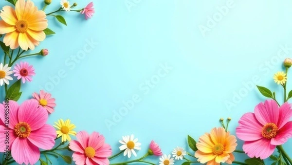 Fototapeta summer floral frame with colorful flowers on blue pastel background, creating a vibrant border, empty, template copyspace for text, advertising, promotions, floral shops, events, greeting cards