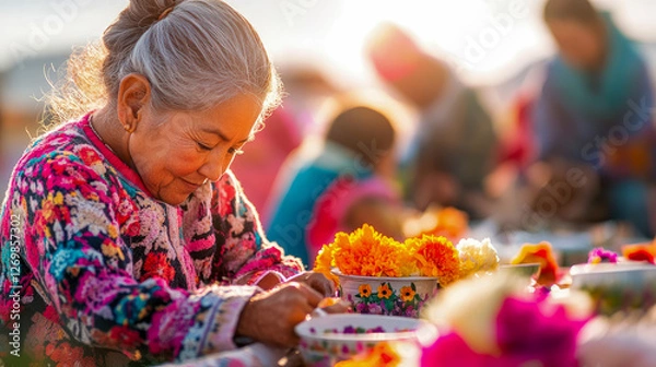 Fototapeta Crafting Memories: Colorful Gathering of Friends and Flowers at Sundown, Celebrating Community and Connection