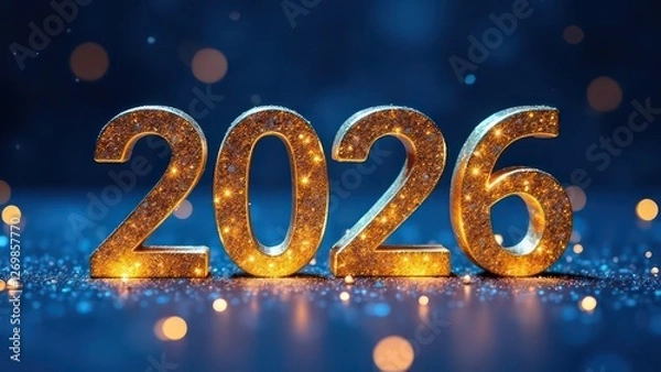 Fototapeta Greeting card number text 2026 on blue dark festive christmas and new year background, festive atmosphere