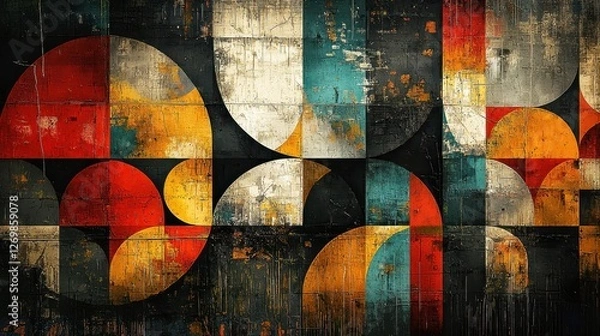 Fototapeta A vibrant abstract artwork featuring geometric shapes and a mix of colors, creating a dynamic and textured composition.