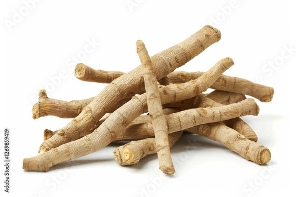 Obraz Dried ashwagandha roots arranged artistically on a white backdrop highlighting their natural texture isolated on transparent background
