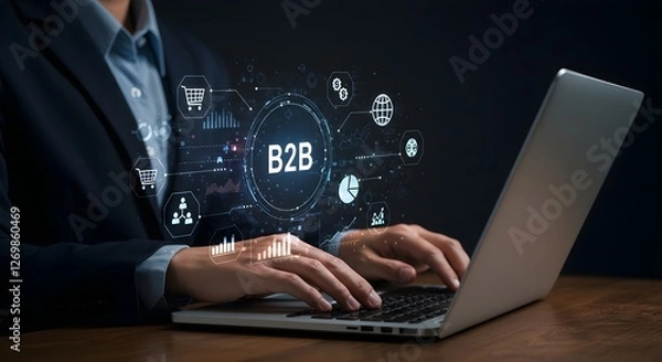 Fototapeta A business professional engages in B2B marketing on a laptop, surrounded by digital icons representing various business connections.