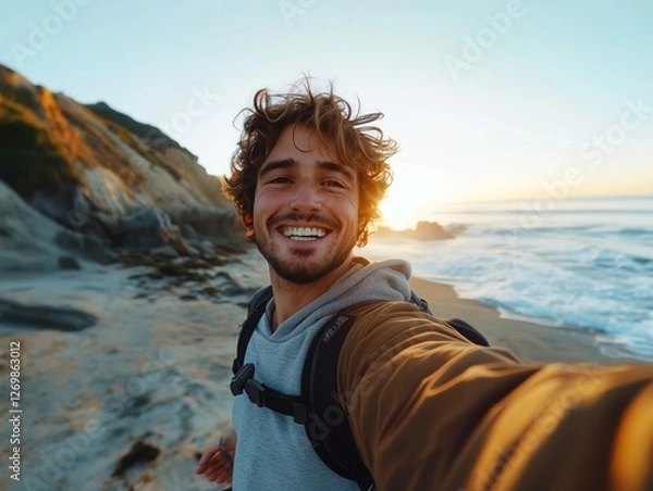 Fototapeta Selfie di un giovane turista che esplora la città con entusiasmo. Un mix di moda, felicità e avventura.