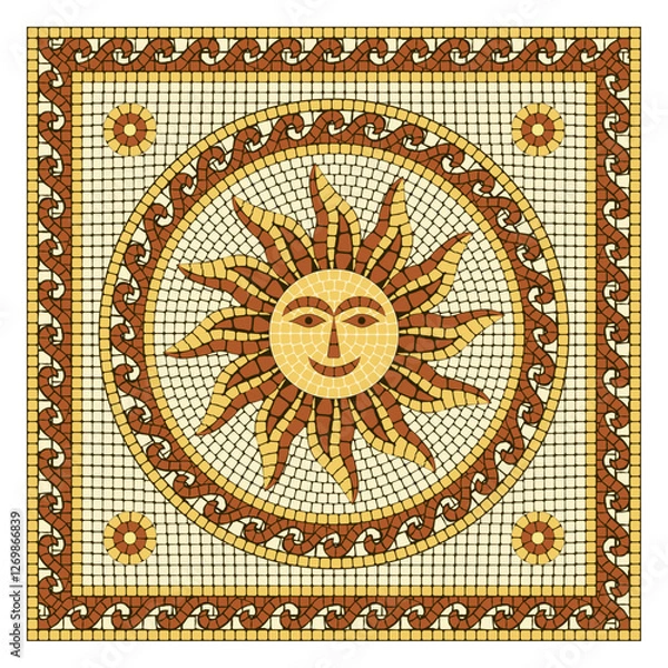 Obraz Classic circular mosaic ornament with the sun in orange, yellow and brown colors . For ceramics, tiles, and other decor.