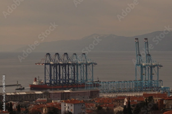 Fototapeta Rijeka, Croatia 17.02.2025. Ship transporting new crain's for Rijeka container terminal. Crain's were deported from China during 70 days of sailing to Rijeka harbour in Europe