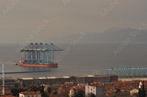 Fototapeta Rijeka, Croatia 17.02.2025. Ship transporting new crain's for Rijeka container terminal. Crain's were deported from China during 70 days of sailing to Rijeka harbour in Europe