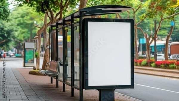 Fototapeta A modern bus stop shelter in an urban setting, ready for commuters.