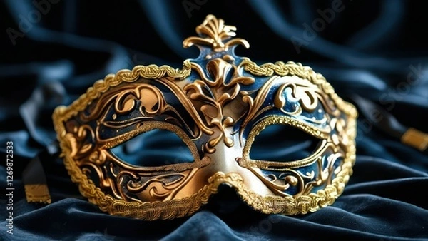 Fototapeta An ornate golden mask resting on luxurious fabric, ideal for celebrations.
