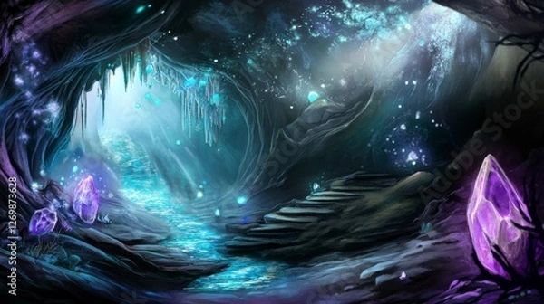 Fototapeta Enchanted Cave Interior: A Mystical Realm of Glowing Crystals and Sparkling Water