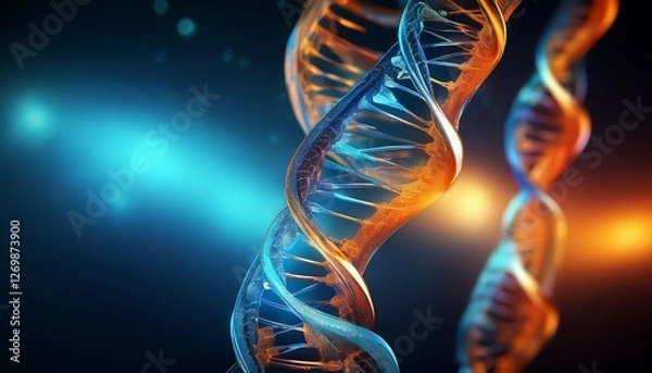 Obraz a vibrant visualization of dna strands in blue and orange representing genetic science and molecular biology on a dark background