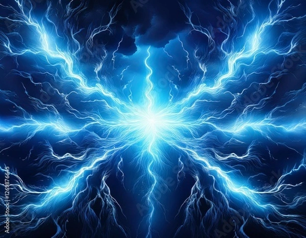 Obraz intense blue lightning abstract background with bright glowing center in a dark night sky